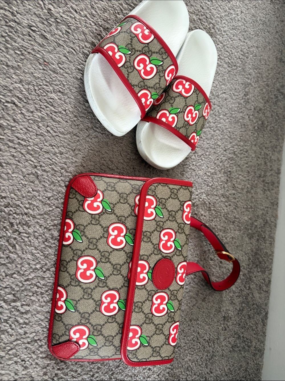 Gucci Women Beige GG Canvas Cherry Print Bag with Red Trim & White Slide Sandals